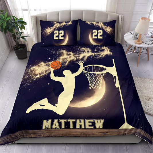 Personalized Basketball Duvet Cover Set, Basketball Moon Christmas Xmas Player Gift Duvet Cover & Pillowcases, Custom Name Number Bedding Set