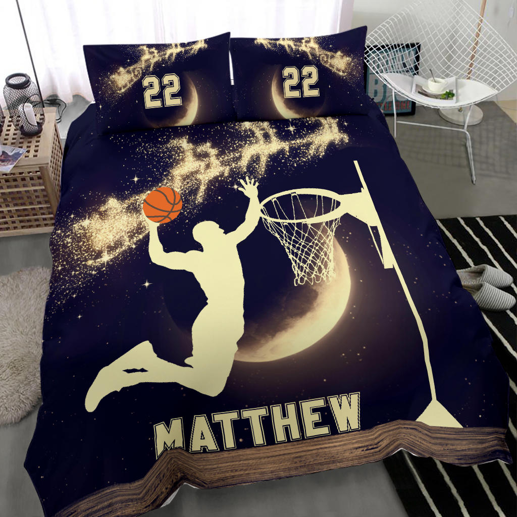 Personalized Basketball Duvet Cover Set, Basketball Moon Christmas Xmas Player Gift Duvet Cover & Pillowcases, Custom Name Number Bedding Set