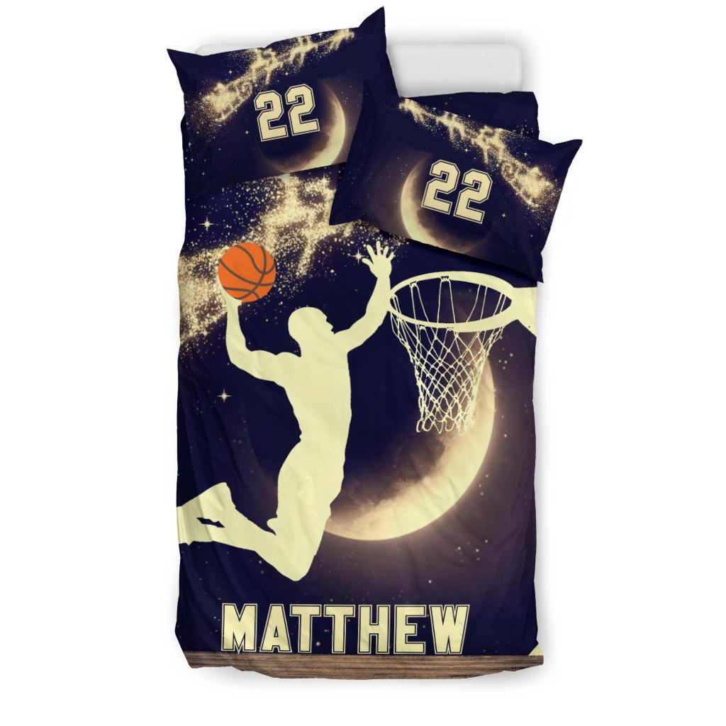 Personalized Basketball Duvet Cover Set, Basketball Moon Christmas Xmas Player Gift Duvet Cover & Pillowcases, Custom Name Number Bedding Set