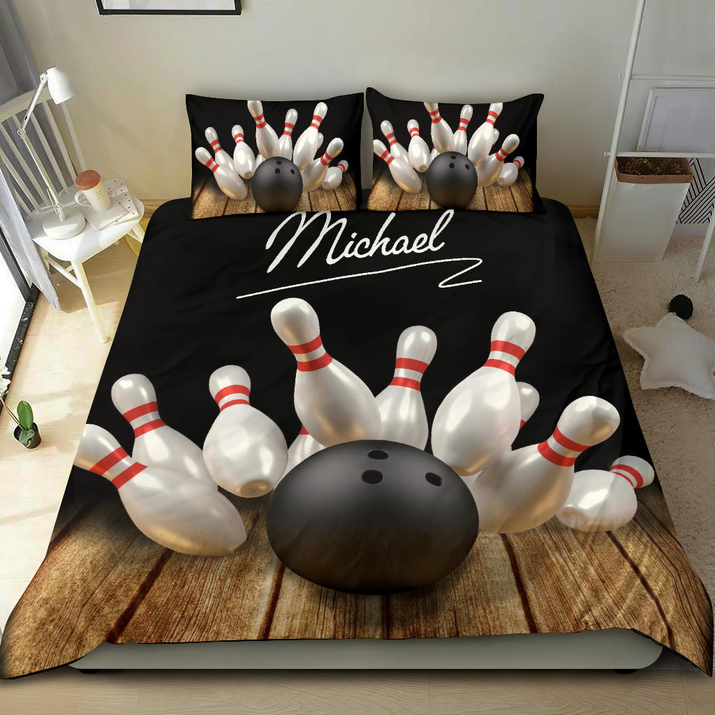 Bowling Duvet Cover Set, Bowling Pin Ball Bowler Player Unique Gift Idea Duvet Cover & Pillowcases, Bedding Set