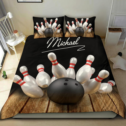 Bowling Duvet Cover Set, Bowling Pin Ball Bowler Player Unique Gift Idea Duvet Cover & Pillowcases, Bedding Set