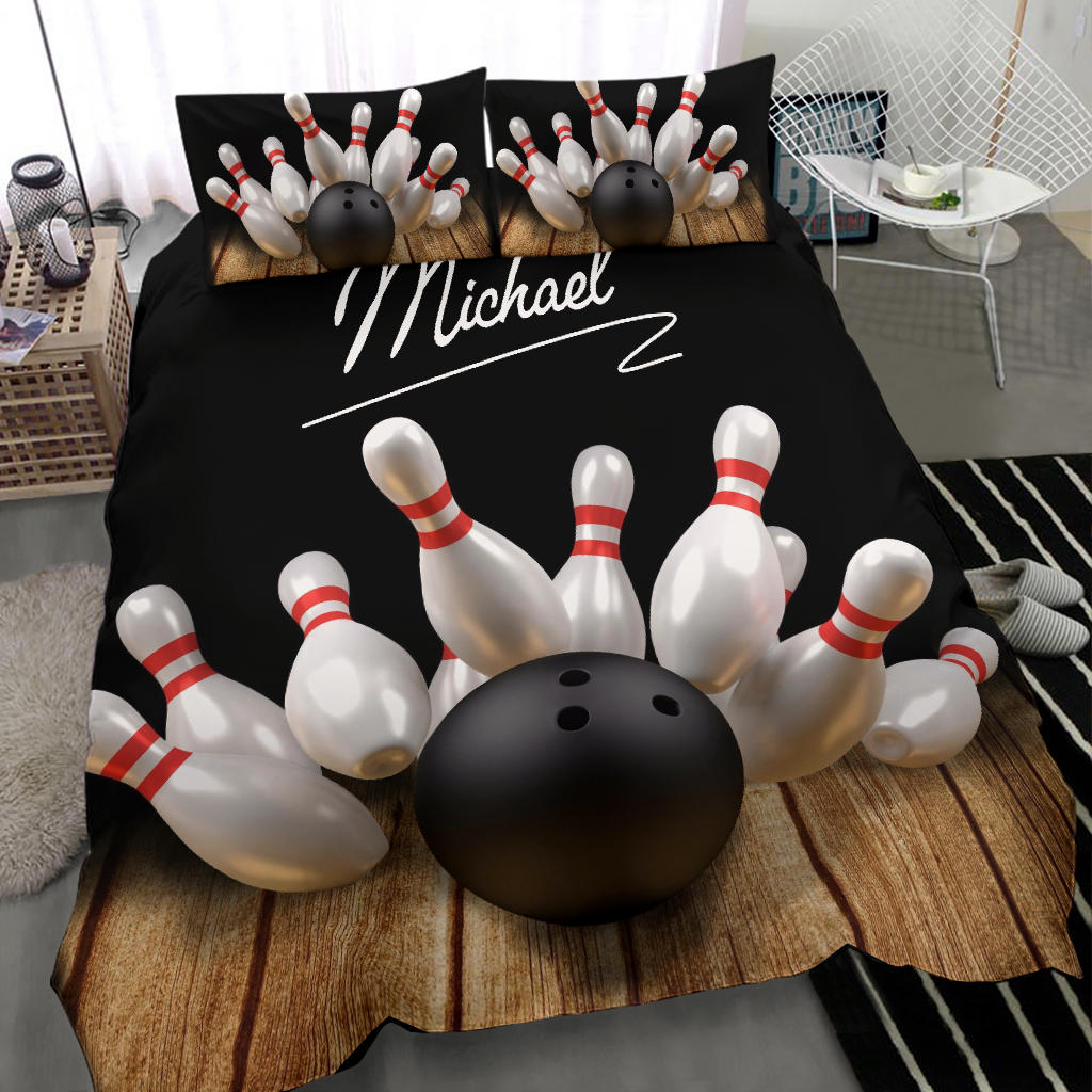Bowling Duvet Cover Set, Bowling Pin Ball Bowler Player Unique Gift Idea Duvet Cover & Pillowcases, Bedding Set