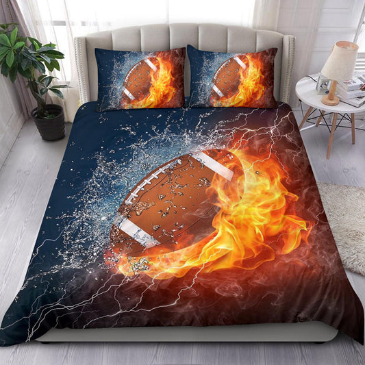 Football Duvet Cover Set, America Football Ball Fire Water Player Gift Idea Duvet Cover & Pillowcases, Bedding Set