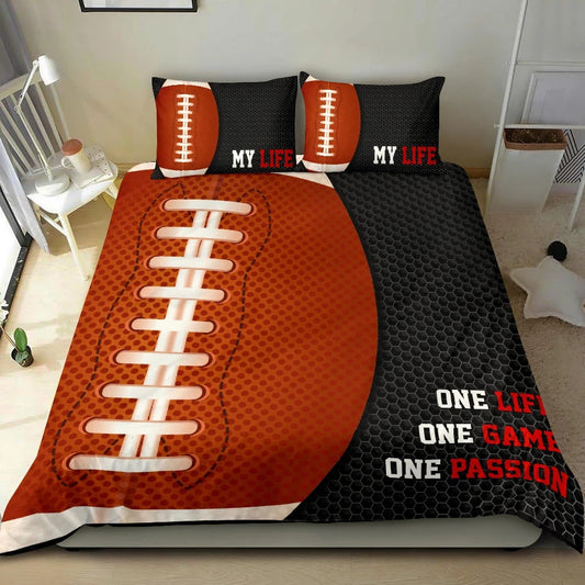 Football Duvet Cover Set, America Football Ball Life Pasion Player Gift Idea Black Duvet Cover & Pillowcases, Bedding Set