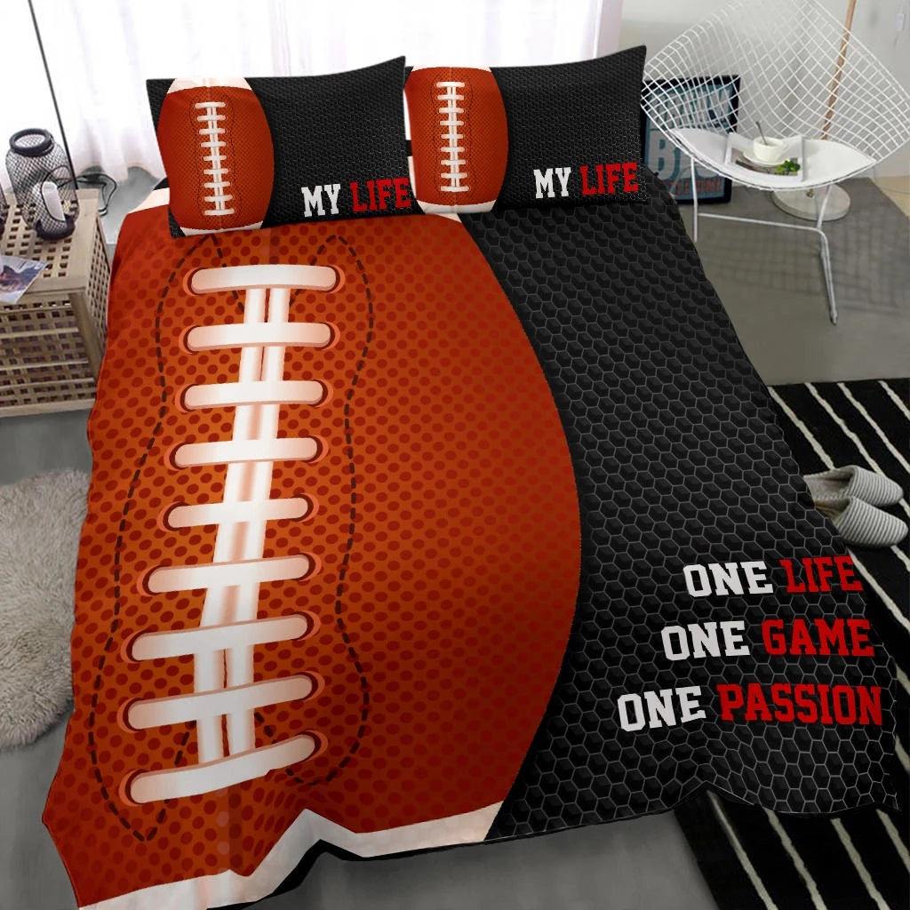 Football Duvet Cover Set, America Football Ball Life Pasion Player Gift Idea Black Duvet Cover & Pillowcases, Bedding Set