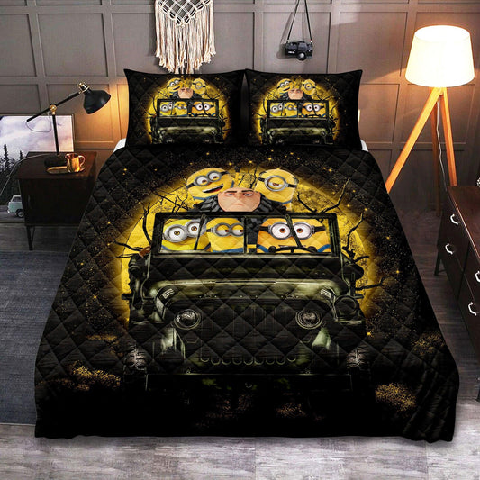 Personalized Despicable Me Gru and Minions Halloween 3-pc Quilt Bedding Set – Funny Moonlight Bedding