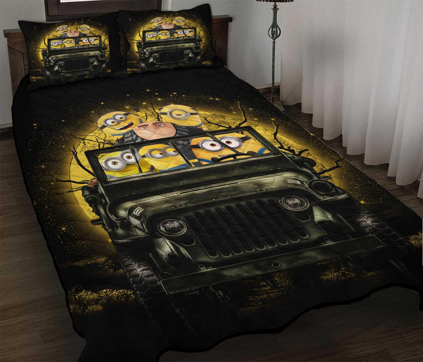 Personalized Despicable Me Gru and Minions Halloween 3-pc Quilt Bedding Set – Funny Moonlight Bedding