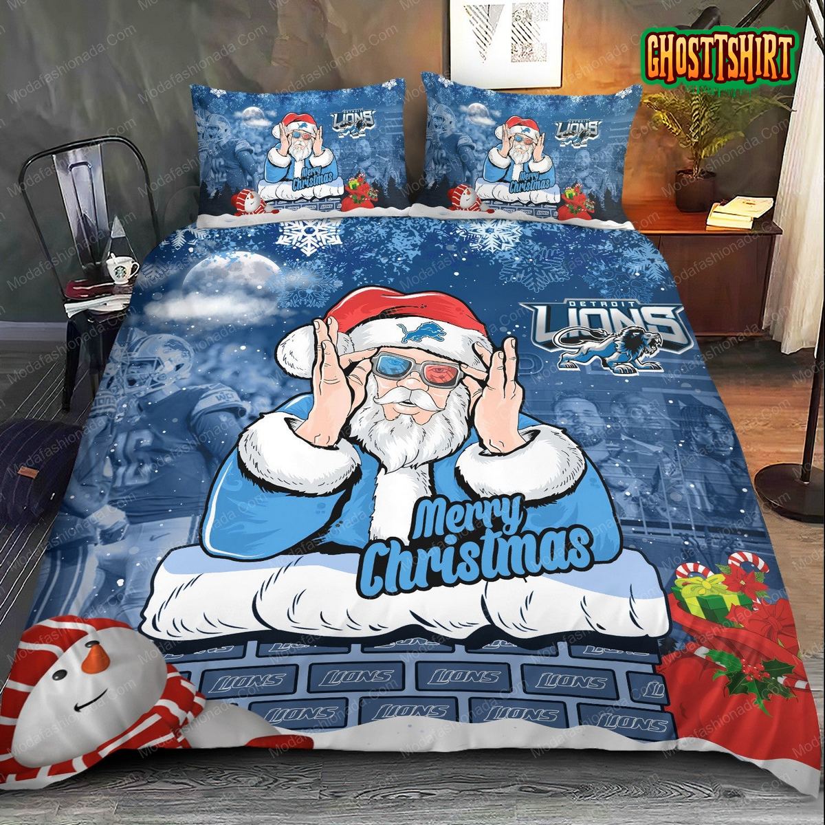 Detroit Lions Christmas Santa Claus Bedding Set