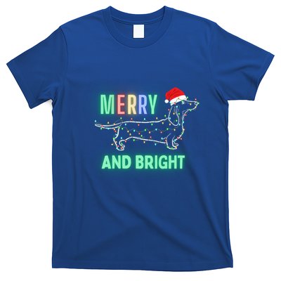 Dachshund In Christmas Lights Santa Hat Merry And Bright Meaningful Gift T-Shirt