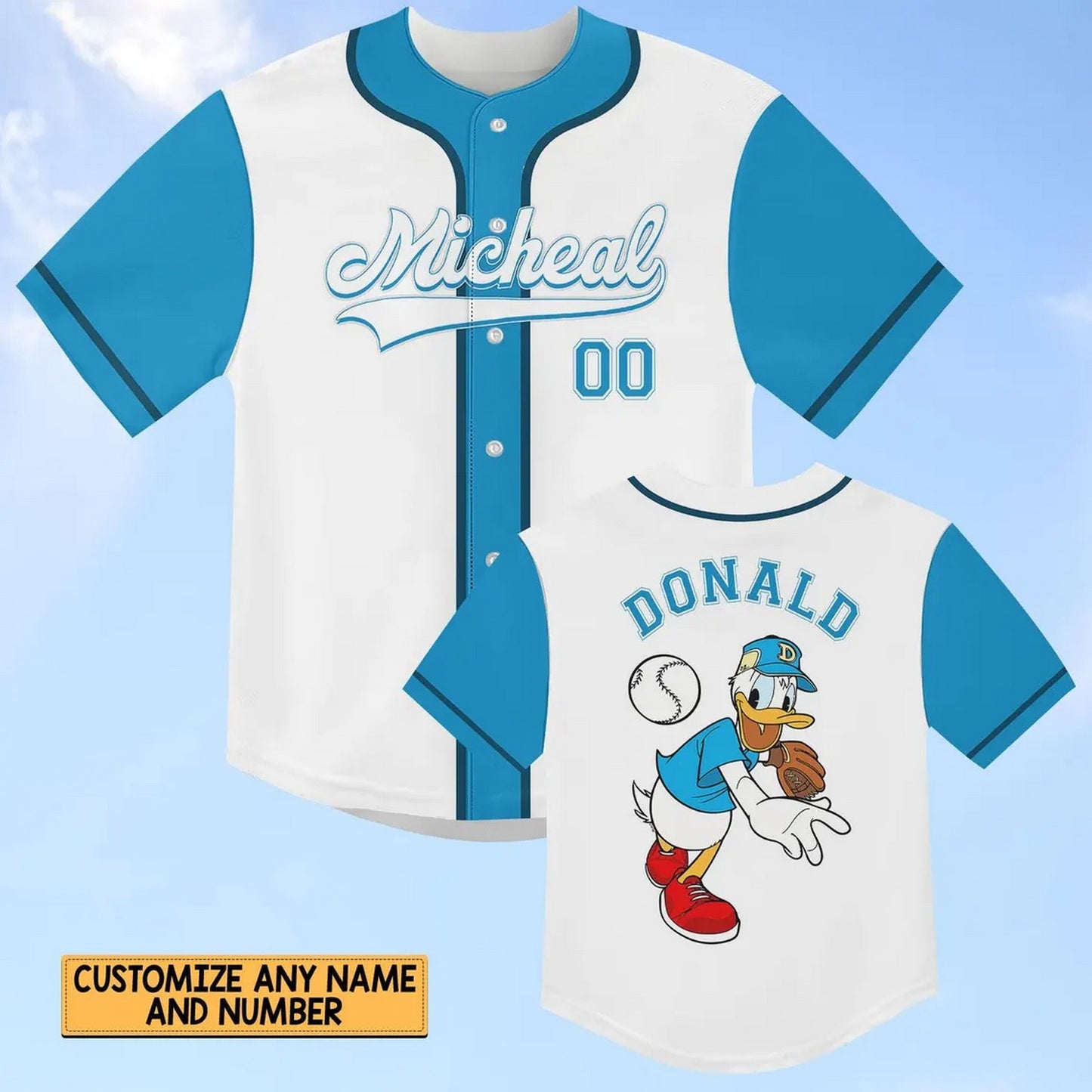 Custom Name Disney Donald Duck Blue White Baseball Jersey