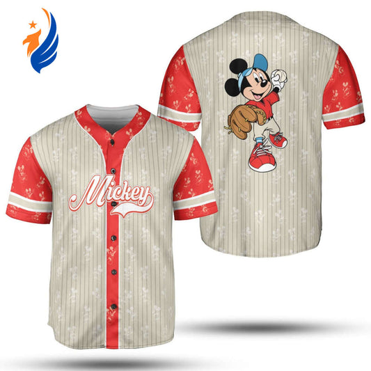Mickey Mouse Red 3D Baseball Jersey - Disney Film Inspired Unisex Pinstripe Shirt - Bafud