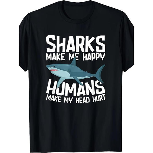 Fun Sharks Make Me happy Marine Biology Shark T-shirt -100% cotton Made in USA