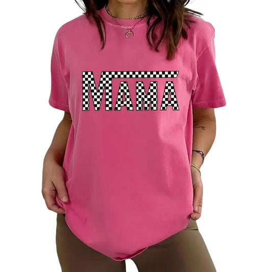 Checkered Mama Shirt, Vintage Mama Tee, Mom Life Graphic Printed Short Sleeve, Cotton Fabric Comforts Shirt For Women, Women's Tops, Mother's Day Gift