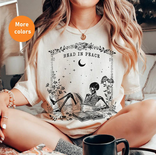 Read in Peace Shirt â€“ Skeleton Book Lover Halloween Tee, Perfect for Bookish Ghoul, Unisex T-shirt, Gift for Him, Gift for Her, Crew Neck, Trending T-