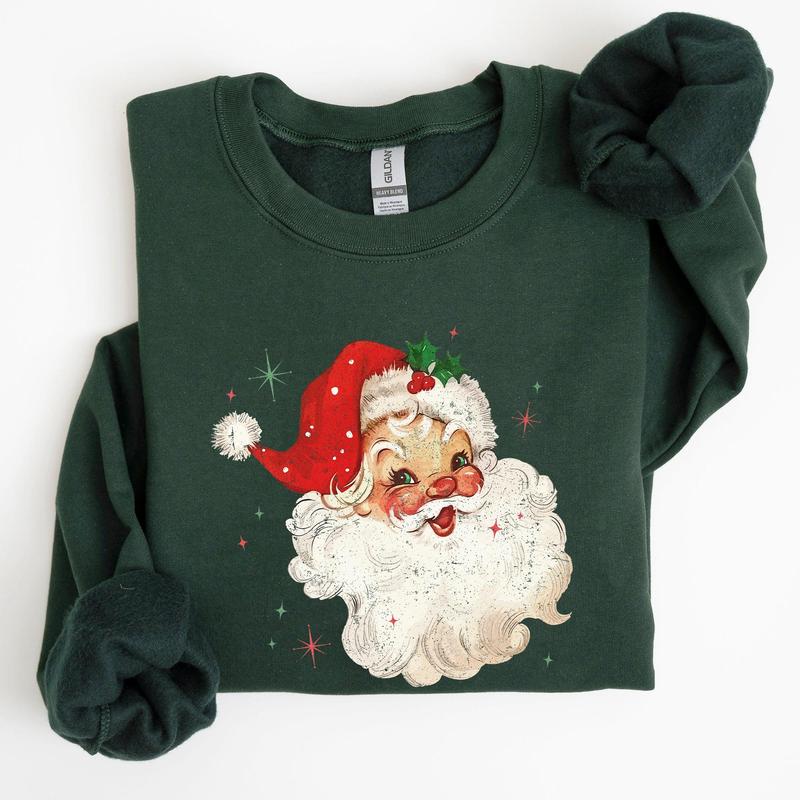 Red Retro Santa Claus, Christmas Vintage Classic, Snow, Xmas Sweatshirt, Women's Crew Neck, Crewneck