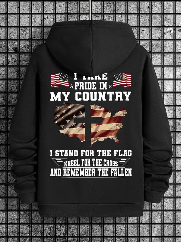 Men's American Flag Print Drawstring Hoodie, Casual Regular Fit Sweatshirt for Spring & Fall, Daily Wear Fashion for Men