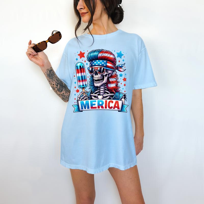 Merica' - T-Shirt, Funny Tee, Patriotic, Summer, Fourth of July,  Skeleton,Bright Graphic, Funny Apparel, Gift Idea, Relaxed Fit, Casual Apparel, Cute