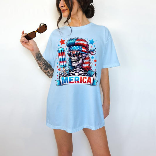 Merica' - T-Shirt, Funny Tee, Patriotic, Summer, Fourth of July,  Skeleton,Bright Graphic, Funny Apparel, Gift Idea, Relaxed Fit, Casual Apparel, Cute