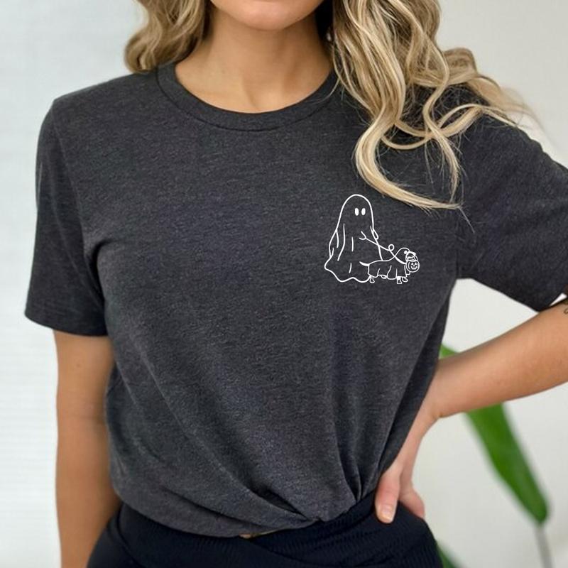 Cute Ghost Dog Shirt, Halloween Party Shirt, Dachshund Halloween Clothing, Fall Graphic Tee, Autumn Shirt, Spooky Season, Weiner Dog