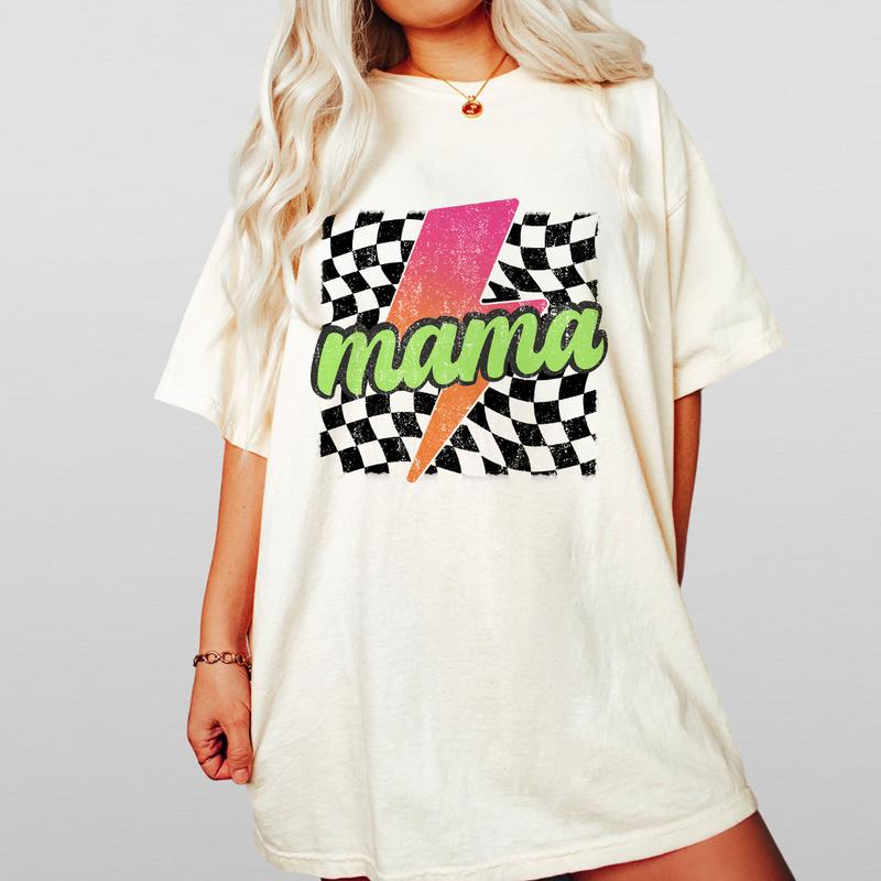 Neon Mama Shirt, Checkered Mama Shirt, Lightning Bolt Shirt, Mothers Day Gift, Retro Checkered Mom Tshirt, Mom Comfort Tee, Gift for Her, Retro Mama S