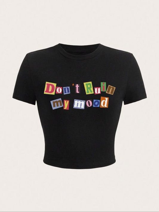 Women's Letter Print Round Neck Crop Tee, Graphic Tees, Casual Short Sleeve Graphic Crop Top for Summer, Fashion Women's Top for Daily Wear