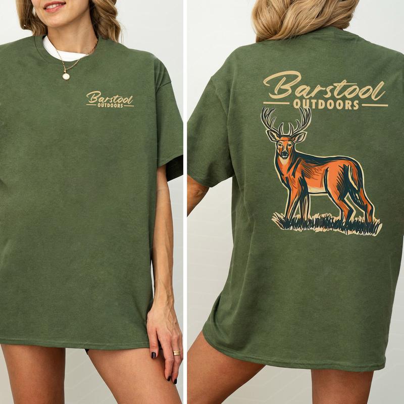 Vintage Busch Light Outdoors Deer Hunting Graphic 2 Sided Shirt, Comfort Clothing, Cotton Fabric Tshirt, Printed Women's Top, Casual Womenswear Collar