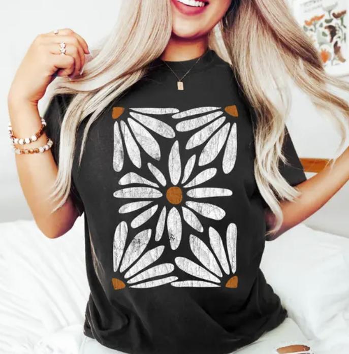 Boho Daisy Botanical Vintage T-Shirt Womenswear Casual Cotton Top Underwear Tshirt Streetwear Bestie Crewneck Round Neck Tropical