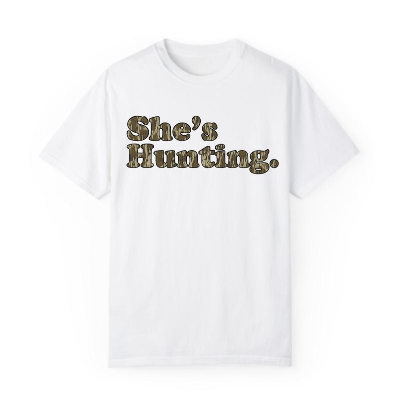 She is Hunting Camoflauge Bottomland Pattern Unisex T-shirt, Hunting Camo Graphic Printed Crewneck Sweatshirt, Unisex Mom Shirt Gift For Women