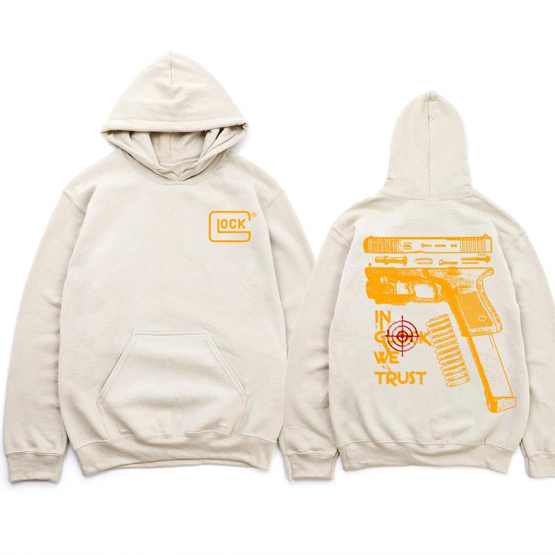In Glock We Trust Standard size Sand Hoodie with Multicolor Design for Men and Women - Classic Fit - Menswear