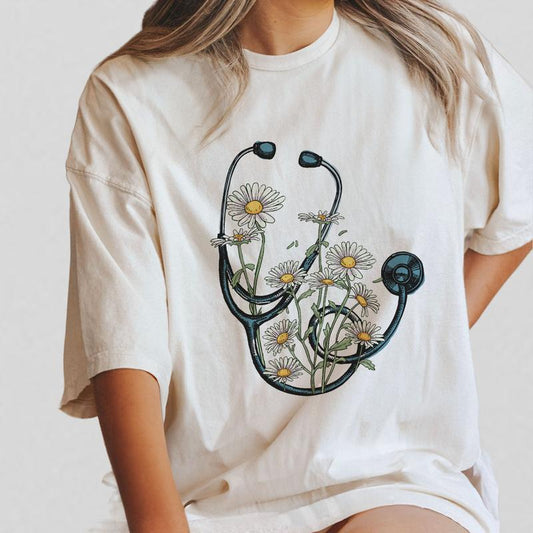 Floral Stethoscope T-Shirt, Nurse Stethoscope Shirts, Shirt For Nurse, Comfort Color Nurse Shirts, Nurse Daisy Flower Stethoscope Shirts, Doctor or Nu