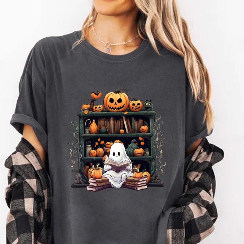 Ghost Book Reader Comfort Shirt, Reading Ghost Shirt, Bookish Shirt, Book Lover Shirt, Halloween Ghost Shirt, Fall Shirt for Women Casual Cotton