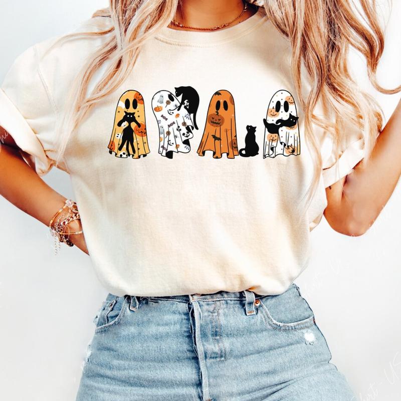 Ghost Cat Shirt, Halloween Ghost Shirt, Black Cat T-Shirt Unisex Classic Cotton