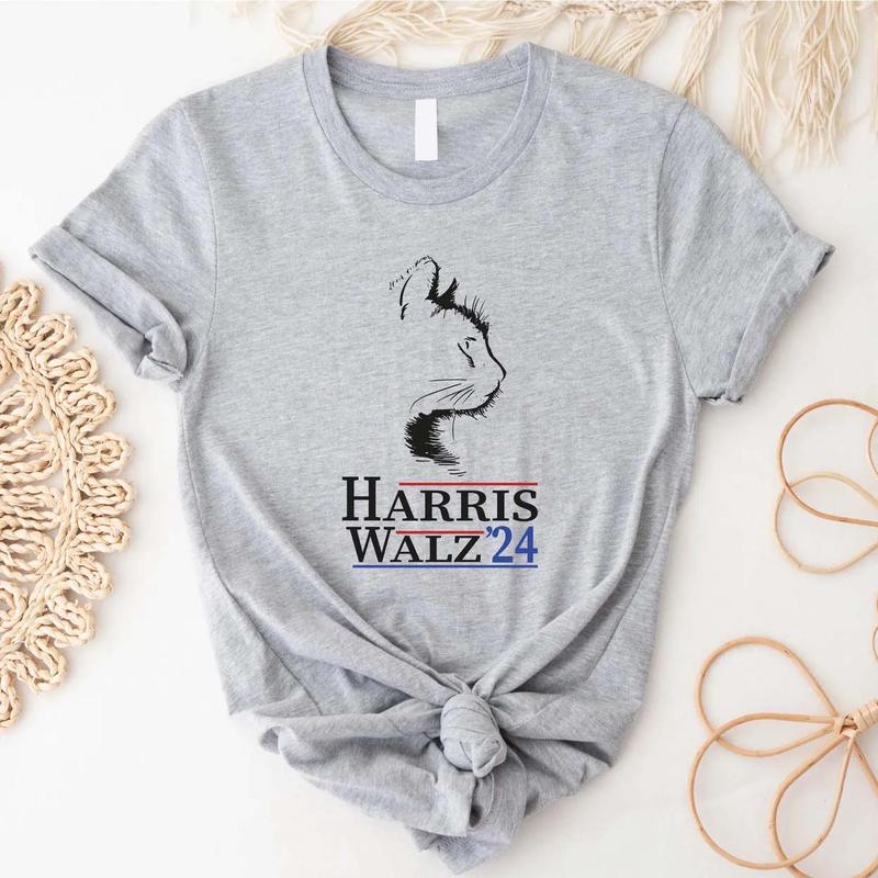 Harris Walz 2024 Cat Shirt, Kamala Harris SweatShirt, Tim Walz Shirt, Harris 2024 Shirt Top Womenswear Print T-Shirt