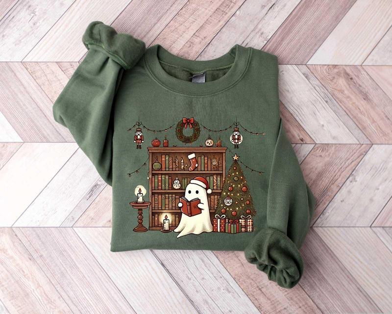 Ghost Reading Books Christmas Sweatshirt, Bookish Christmas Crewneck, Cute Ghost Xmas Shirt, Christmas Teacher Gift, Librarian Christmas Shirt, Christ