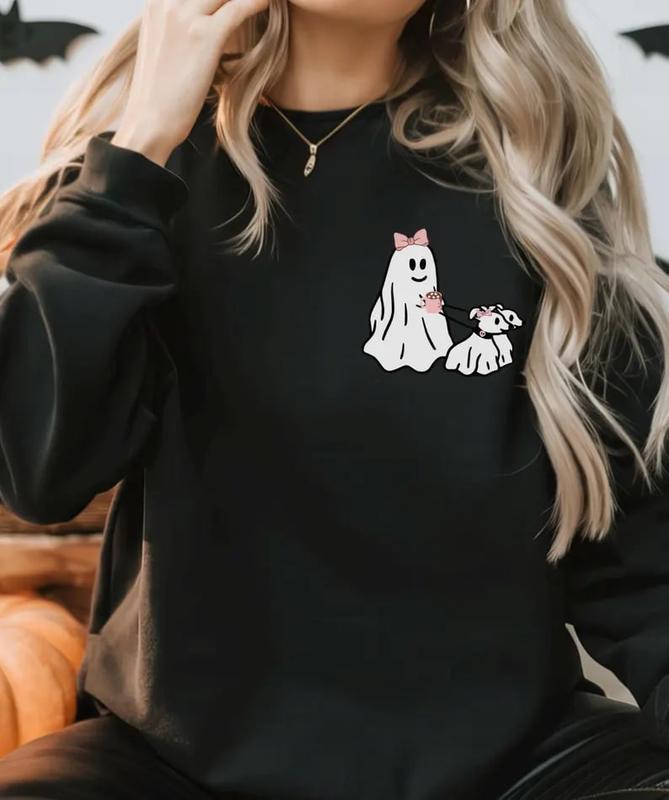 HALLOWEEN PINK GHOST Sweatshirt, Ghost Walking Dog Sweatshirt, Womens Halloween Sweater, Viral Ghost Walking Dog Shirt