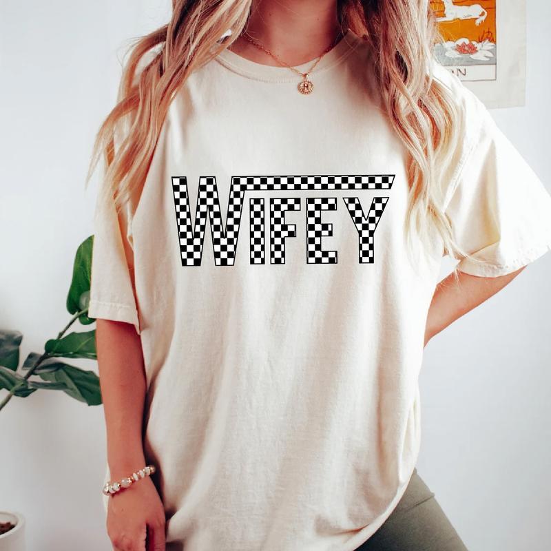 Wifey Shirt, Checkered Wife T-shirt, Spoiled Wife Graphic Printed Tee, Checkered Wifey Soft Fabric Short Sleeve Tee, Comfort Shirt For Wife, Women's T