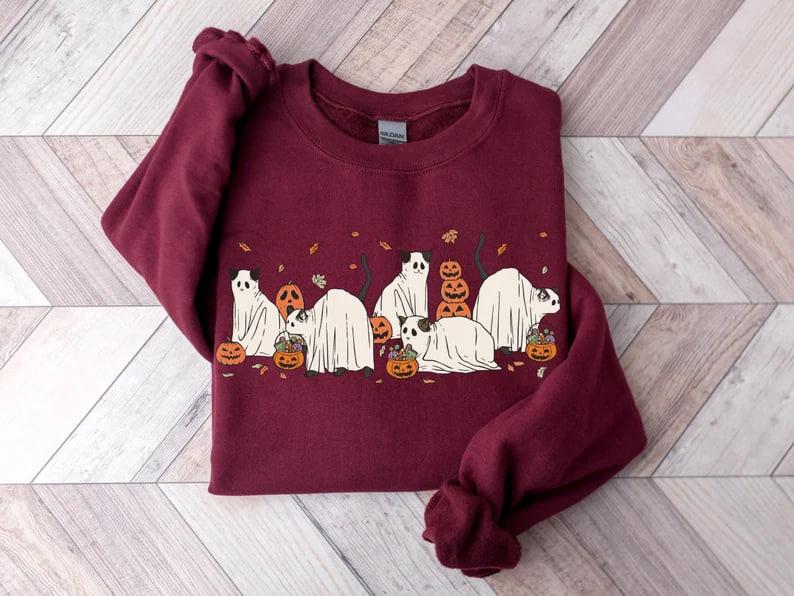 Halloween Ghost Cat Sweatshirt, Cat Halloween Sweatshirt, Cute Cats Halloween Shirt, Ghost Black Cat Shirt, Spooky Season Ghost Cats T-shirt
