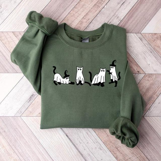 Ghost Cat Halloween Sweatshirt, Halloween Black Cat Sweater, Black Cat Halloween Sweater, Ghost Sweater, Cat Lover Gift, Halloween Fall Sweatshirt Cla