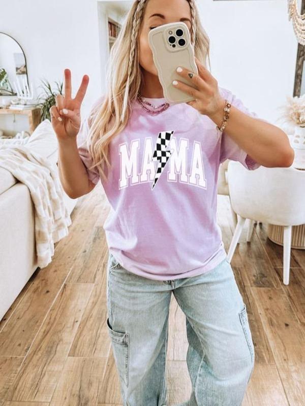 Mama Lightening Bolt Comfort Colors Shirt, Gift for Mom, Mama T-Shirt, Retro Mama T Shirt, Checkered Mom Tshirt Flat