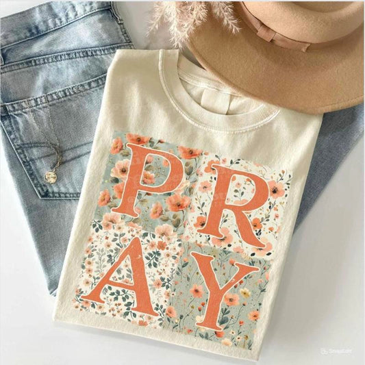Fall Floral Patchwork PRAY Shirt, Boho Flower Tee, Fall Tshirt, Christian Shirt, Bible Verse Shirt, Faith Shirt, Unisex Cotton Shirt, Lady Top, Womens