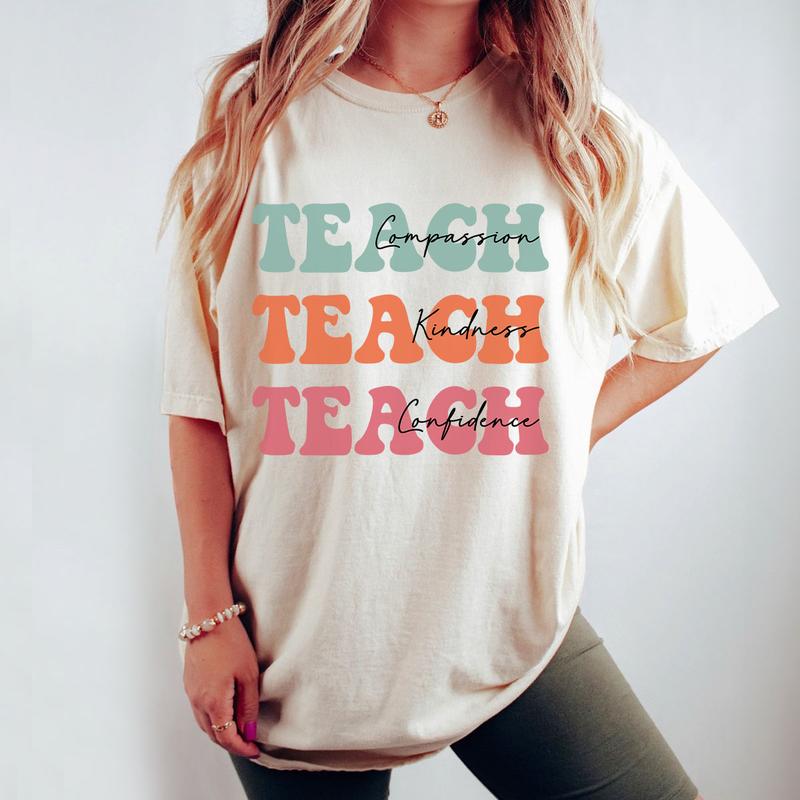 Compassion Kindness Confidence Teacher Shirt, Gifts for Teacher, Comfort Colors Groovy Teacher Shirt, Kindergarten Teacher Tee, Cute Preschool Teacher