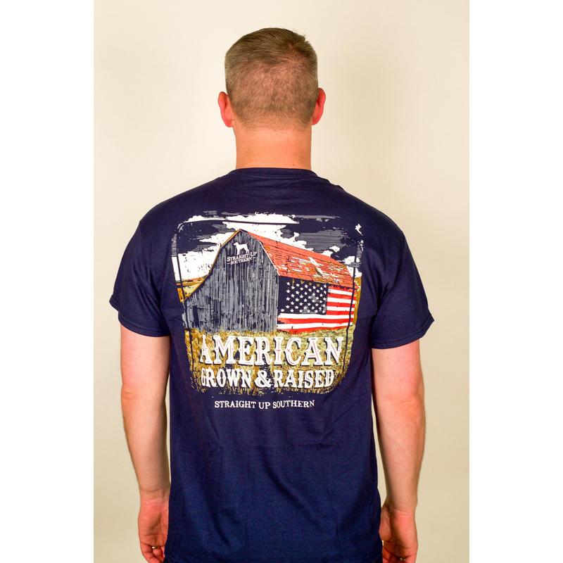 American Grown Barn - Rustic Barn with American Flag T-Shirt - Navy