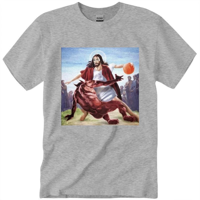 Jesus Crossing Up The Devil T-Shirt, Jesus Basketball Shirt Unisex Classic Cotton Collar Fabric