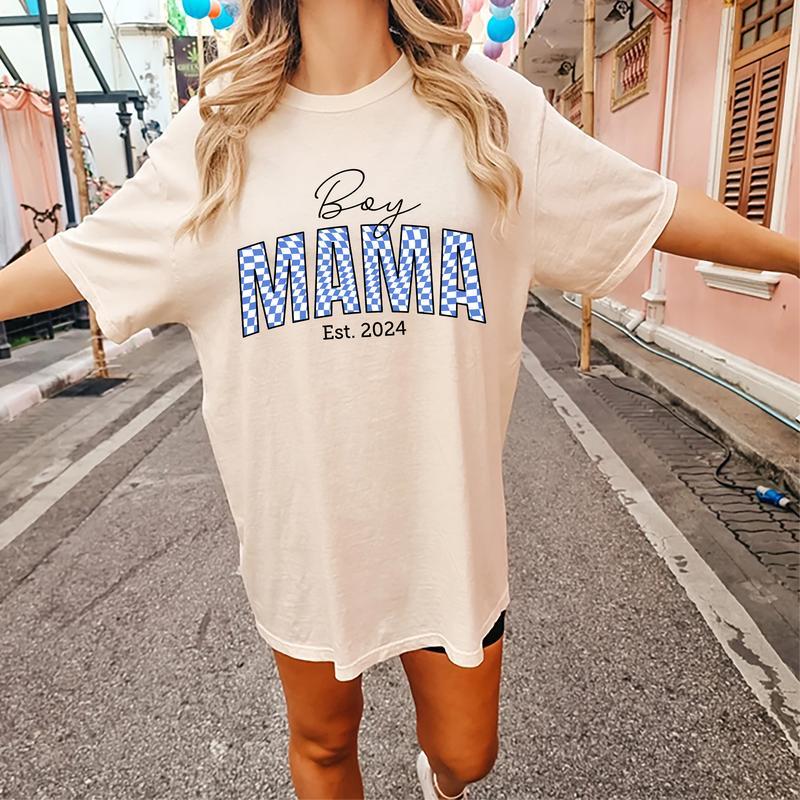 Boy Mama Est. 2024 Shirt, Boy Mom Shirt, Checkered Boy Mama Tee, Mom Graphic Printed Short Sleeve Tee Shirt, Women Cotton Fabric Comforts Shirts, Wome