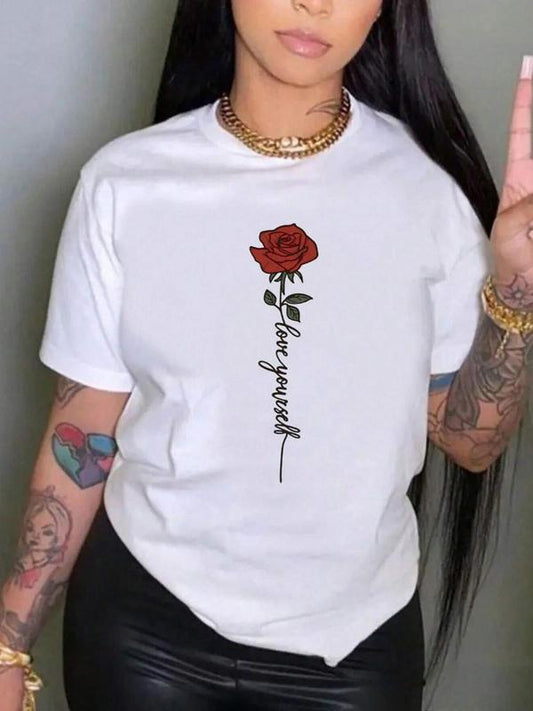 Women's Rose & Letter Print Round Neck Tee, Vintage Trendy Casual GraphicÂ Short Sleeve T-shirt For Daily Wear, Ladies Summer Outfit Valentine's Day, g