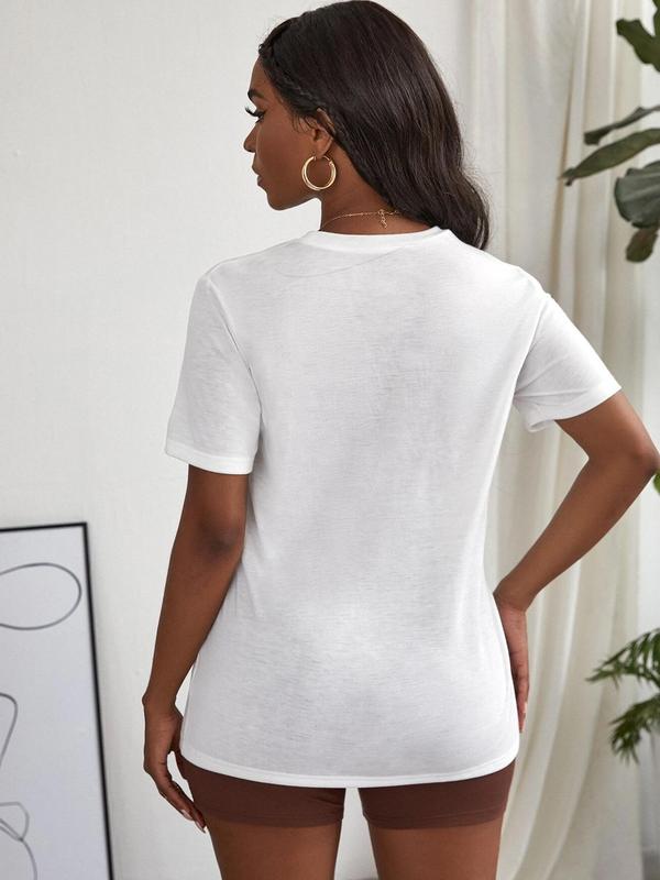 Women's Letter Print Drop Shoulder T-Shirt, Summer Clothes Women, Casual Fashion Round Neck Half Sleeve Tee for Daily Holiday Vacation Outdoor Wear, W