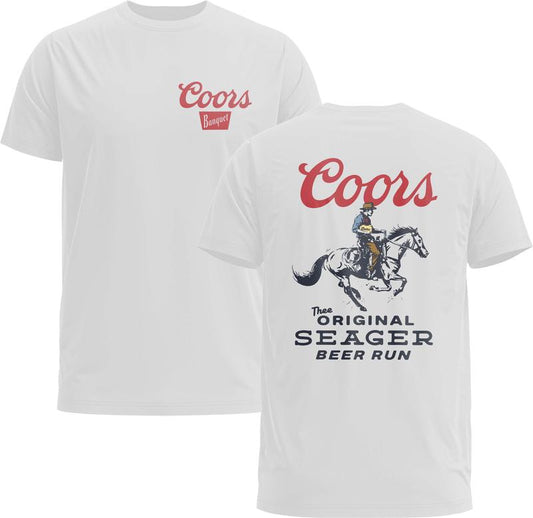 Seager X Coors Beer Run Tee, Western 90s Cowboy, Coors Wildwest Retro Rodeo Outfit - Gildan 5000 Graphic Shirt, Heavy Cotton, Menswear Man