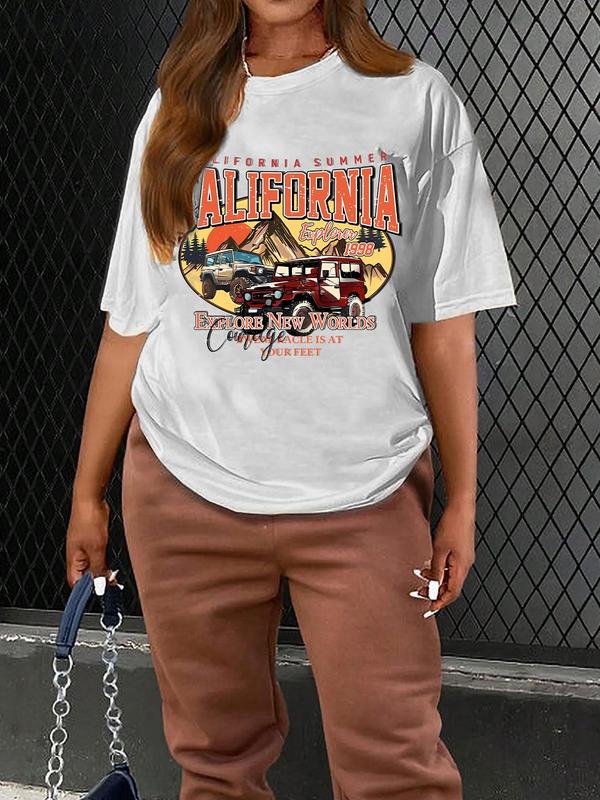 Women's Letter & California Print Drop Shoulder Tee, Casual Half Sleeve Round Neck T-shirt for Summer, Women's Top for Daily Wear