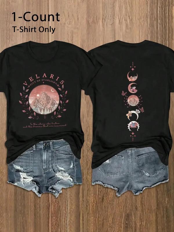 WomenswearÂ Mountain & Letter Print Round Neck Tee,Â ComfortÂ Trendy Casual Crew Neck Short Sleeve T-shirt for Daily Wear, Ladies Summer Outfit