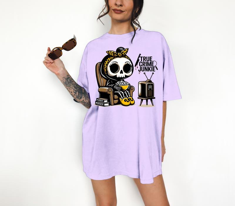 True Crime Junkie - T-Shirt, Cute Skeleton, Bright Graphic, Funny Apparel, Gift Idea, Relaxed Fit, Casual Apparel, Cute Top, Great with Jeans, All Sea